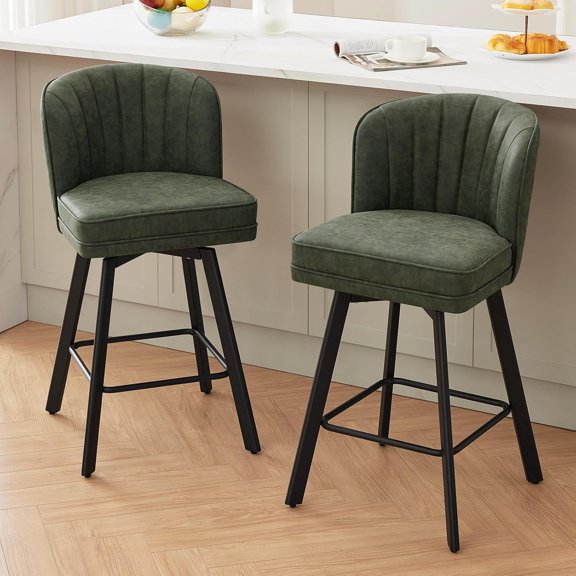 Swivel Counter Height Bar Stools Set of 2, 26'' Modern Barstools with Backs and Metal Legs, Upholstered Bar Chairs, Faux Leather Green Stools for Kitchen Island Chairs