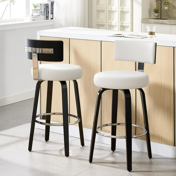 Swivel Counter Height Bar Stools Set of 2, 26” Seat Height Island Chairs Modern Kitchen Stools for Kitchen Counter, Faux Leather Upholstered Barstools with Back, Black Wood Legs and White Seat
