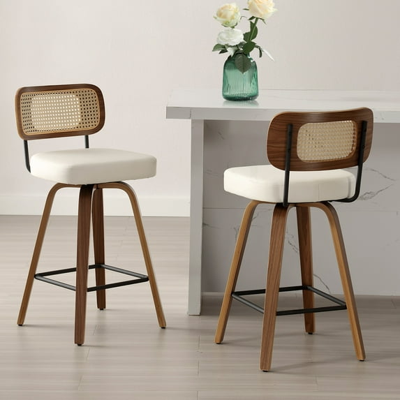 Swivel Counter Height Bar Stools, Set of 2, 26" Seat Height Upholstered PU Leather Barstools with Rattan Back Wood Legs for Home Kitchen Island, Cream White