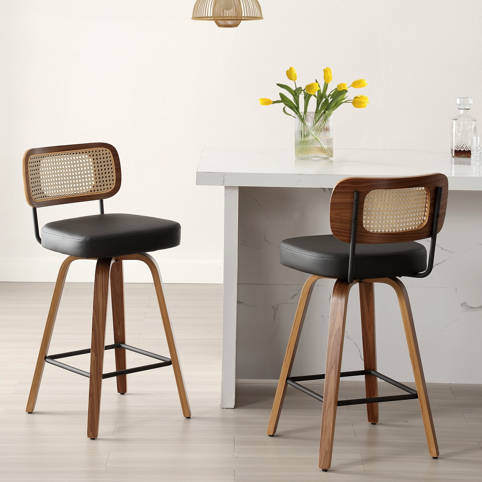 Swivel Counter Height Bar Stools, Set of 2, 26" Seat Height Upholstered PU Leather Barstools with Rattan Back Wood Legs for Home Kitchen Island, Black