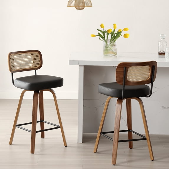 Swivel Counter Height Bar Stools, Set of 2, 26" Seat Height Upholstered PU Leather Barstools with Rattan Back Wood Legs for Home Kitchen Island, Black