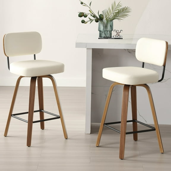 Swivel Counter Height Bar Stools, Set of 2, 26" Upholstered PU Leather Barstools with Back Wood Legs, Mid Century Modern Bar Chair Island Stool for Kitchen Counter, Cream White