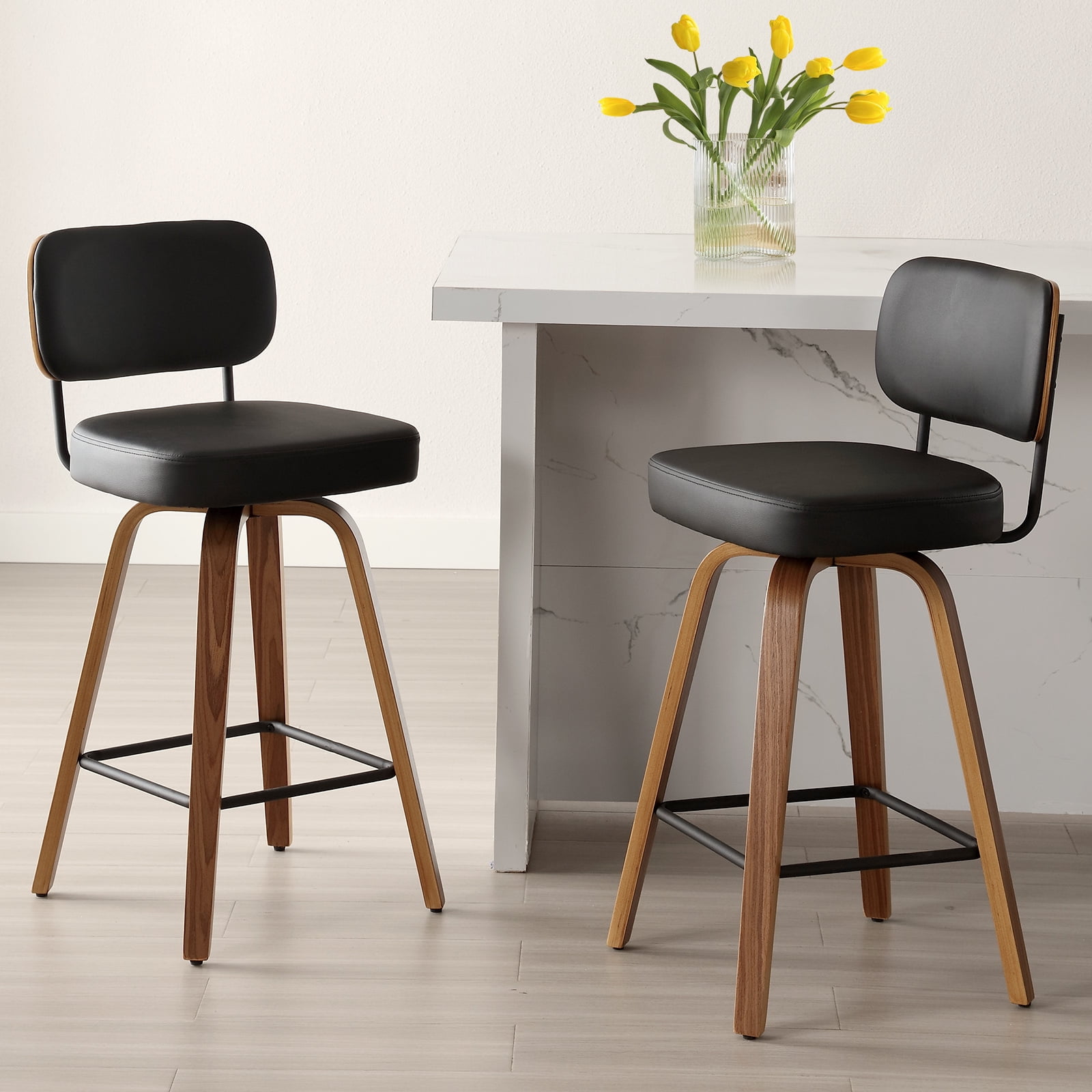 Black Swivel Upholstered Counter Stool with Wood Legs