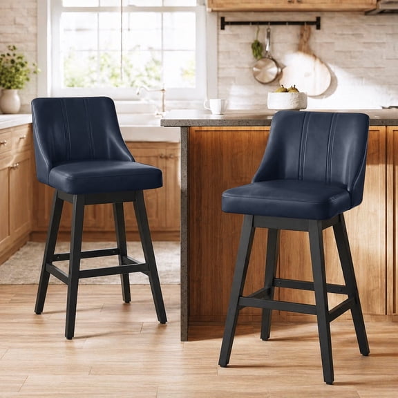 Swivel Counter Height Bar Stools, Set of 2, 27'' Modern Bar Stool with Curved Back and Solid Wood Legs, Bar Stools for Kitchen Island, Faux Leather Blue