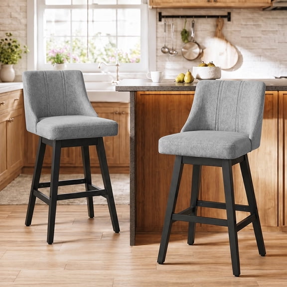 Swivel Counter Height Bar Stools, Set of 2, 27'' Modern Bar Stool with Curved Back and Solid Wood Legs, Bar Stools for Kitchen Island, Linen Fabric Grey