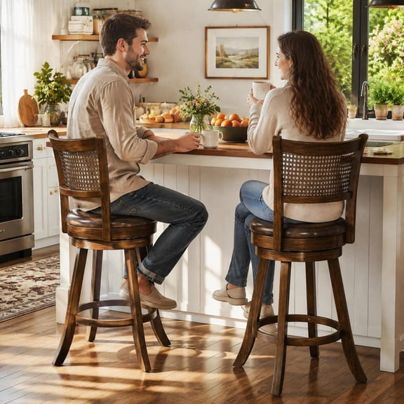 Swivel Counter Height Bar Stools Set of 2, 29 Inch Tall Rattan Backrest with Footrest, Brown Wood Frame, Ideal for Kitchen Island, Dining Pub Seating, Modern Farmhouse Style