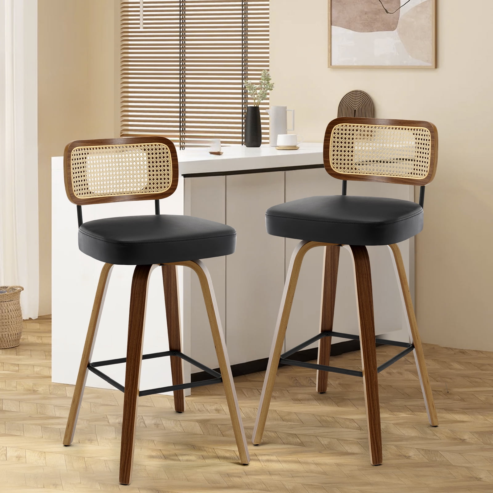 Black Swivel Bar Stools with Rattan Back and Wood Legs, Set of 2