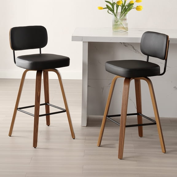 Swivel Counter Height Bar Stools, Set of 2, 29" Upholstered PU Leather Barstools with Back Wood Legs, Mid Century Modern Bar Chair Island Stool for Kitchen Counter, Black