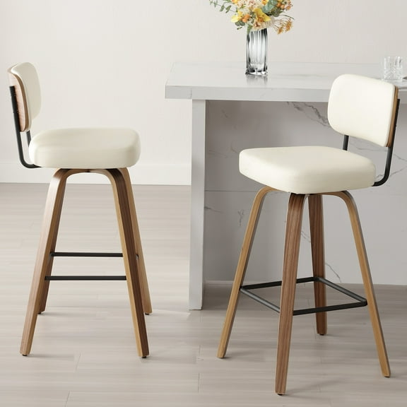 Swivel Counter Height Bar Stools, Set of 2, 29" Upholstered PU Leather Barstools with Back Wood Legs, Mid Century Modern Bar Chair Island Stool for Kitchen Counter, Cream White