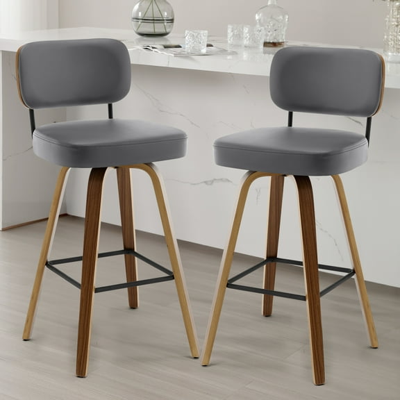 Swivel Counter Height Bar Stools, Set of 2, 29" Upholstered PU Leather Barstools with Back Wood Legs, Mid Century Modern Bar Chair Island Stool for Kitchen Counter, Gray