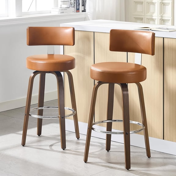 Swivel Counter Height Bar Stools Set of 2, Faux Leather Kitchen Stools Upholstered Barstools with Back, Walnut Wood Legs, Mid Century Island Chairs Counter Stools, 26" Seat Height, Brown