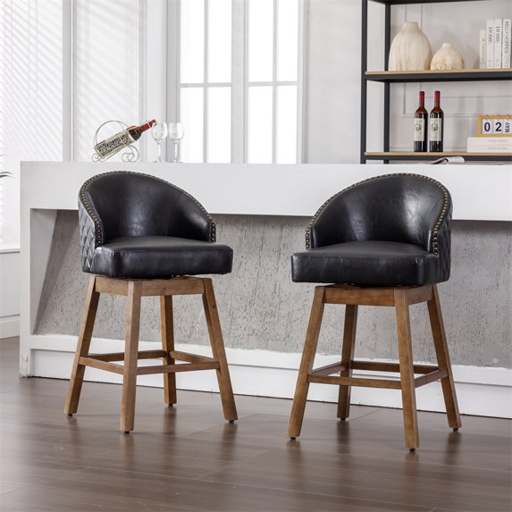 Swivel Counter Height Bar Stools Set of 2 with Footrest and Backrest, Retro PU Leather Upholstered Bar Chair, Comfortable Dining Chair with 250LBS Weight Capacity for Kitchen, Club, Restaurant, Black