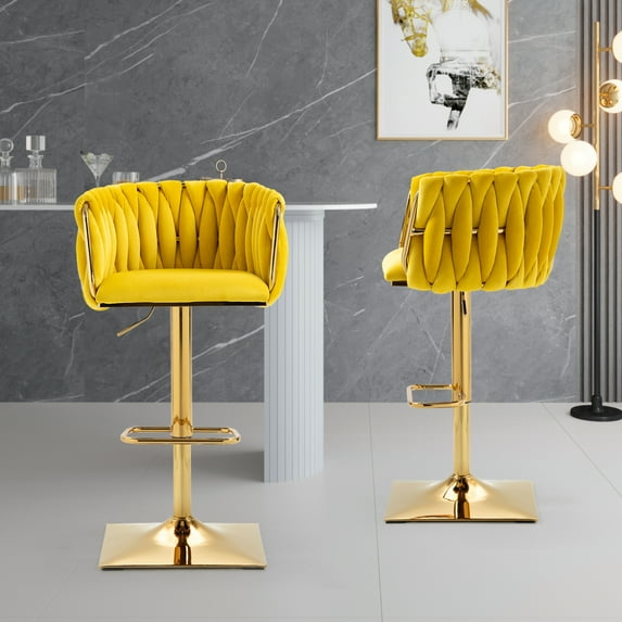 Swivel Counter Height Bar Stools Set of 2, Height Adjustable Dining Chairs with Woven Back, Velvet Bar Chairs with Metal Square Base, Side Chairs for Cafe, Pub, Bar Counter, Mustard Yellow