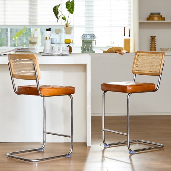 Swivel Counter Height Bar Stools Set of 2,Mid Century Modern Barstools with Rattan Back,27 inch Seat Height Solid Wood Kitchen Island Stools,Black Faux Leather Upholstery Bar Chairs