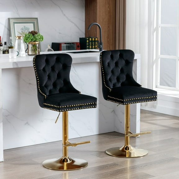 Swivel Counter Height Bar Stools Set of 2, Modern Velvet Barstools with Metal Base and Footrest, Comfy Adjustable Dining Chairs with Button Tufted Back & Nailhead & Ring Pull for Kitchen Island, Black