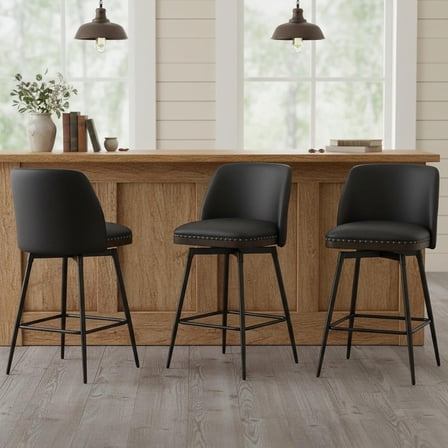 Swivel Counter Height Bar Stools Set of 3, 26" Upholstered Faux Leather Bar Stools with Back, Wood Trim, Upholstered Counter Chairs for Kitchen Island, Black