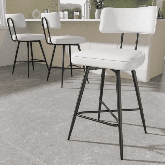 Swivel Counter Height Bar Stools Set of 3, 26 inch White Leather Kitchen Swivel Counter Stools with Backs, Metal Legs and Footrest, Bar Chairs for Kitchen Island