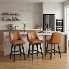 Swivel Counter Height Bar Stools, Set of 3, 27'' Modern Bar Stool with Curved Back and Solid Wood Legs, Bar Stools for Kitchen Island, Faux Leather Brown
