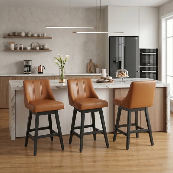 Swivel Counter Height Bar Stools, Set of 3, 27'' Modern Bar Stool with Curved Back and Solid Wood Legs, Bar Stools for Kitchen Island, Faux Leather Brown