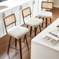 thumbnail image 1 of Swivel Counter Height Bar Stools Set of 3,Mid Century Modern Barstools with Rattan Back,27 inch Seat Height Solid Wood Kitchen Island Stools,Beige Faux Leather Upholstery Bar Chairs, 1 of 7