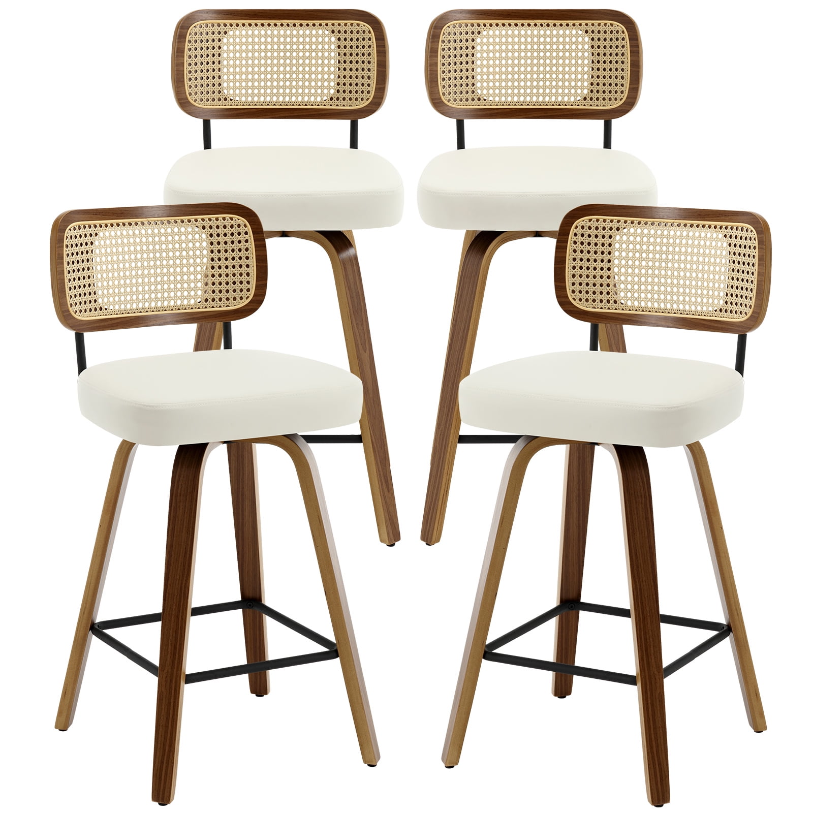 Swivel Counter Height Bar Stools, Set of 4, 26" Seat Height Upholstered PU Leather Barstools with Rattan Back Wood Legs for Home Kitchen Island, Cream White