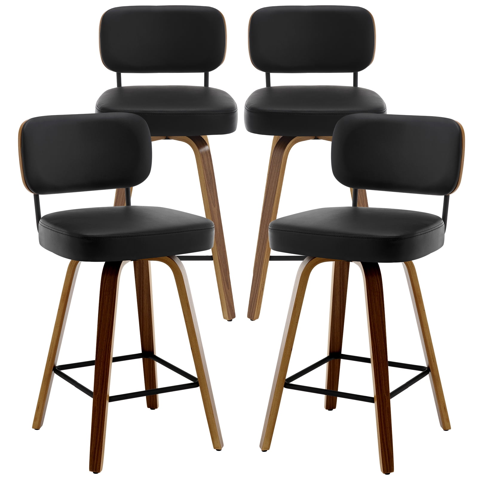 Swivel Counter Height Bar Stools, Set of 4, 26" Upholstered PU Leather Barstools with Back Wood Legs, Mid Century Modern Bar Chair Island Stool for Kitchen Counter, Black