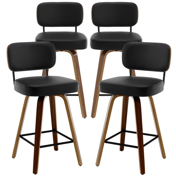 Swivel Counter Height Bar Stools, Set of 4, 26" Upholstered PU Leather Barstools with Back Wood Legs, Mid Century Modern Bar Chair Island Stool for Kitchen Counter, Black