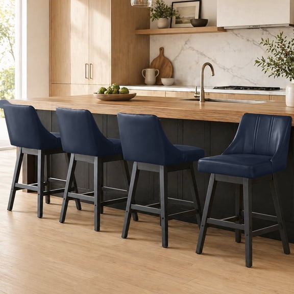 Swivel Counter Height Bar Stools, Set of 4, 27'' Modern Bar Stool with Curved Back and Solid Wood Legs, Bar Stools for Kitchen Island, Faux Leather Blue