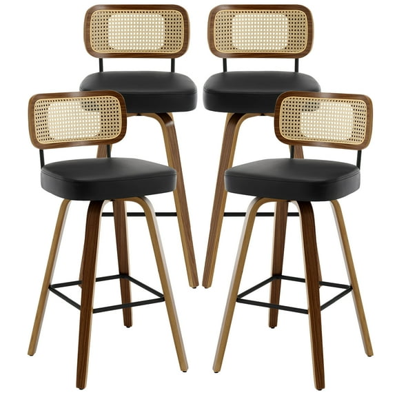 Swivel Counter Height Bar Stools, Set of 4, 29" Seat Height Upholstered PU Leather Barstools with Rattan Back Wood Legs for Home Kitchen Island, Black
