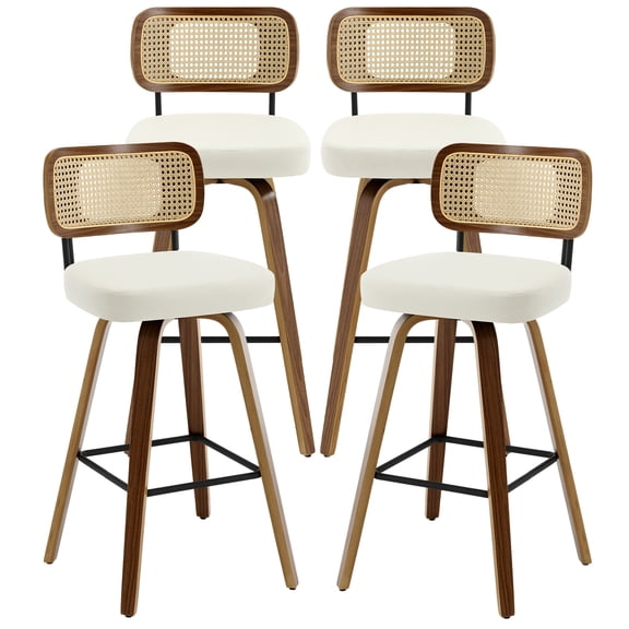 Swivel Counter Height Bar Stools, Set of 4, 29" Seat Height Upholstered PU Leather Barstools with Rattan Back Wood Legs for Home Kitchen Island, Cream White