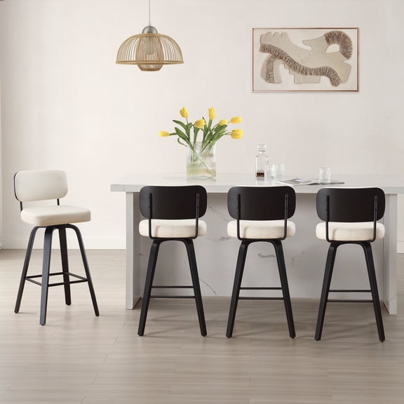 Swivel Counter Height Bar Stools, Set of 4, 29" Upholstered PU Leather Barstools with Back Wood Legs, Mid Century Modern Bar Chair Island Stool for Kitchen Counter, Cream White