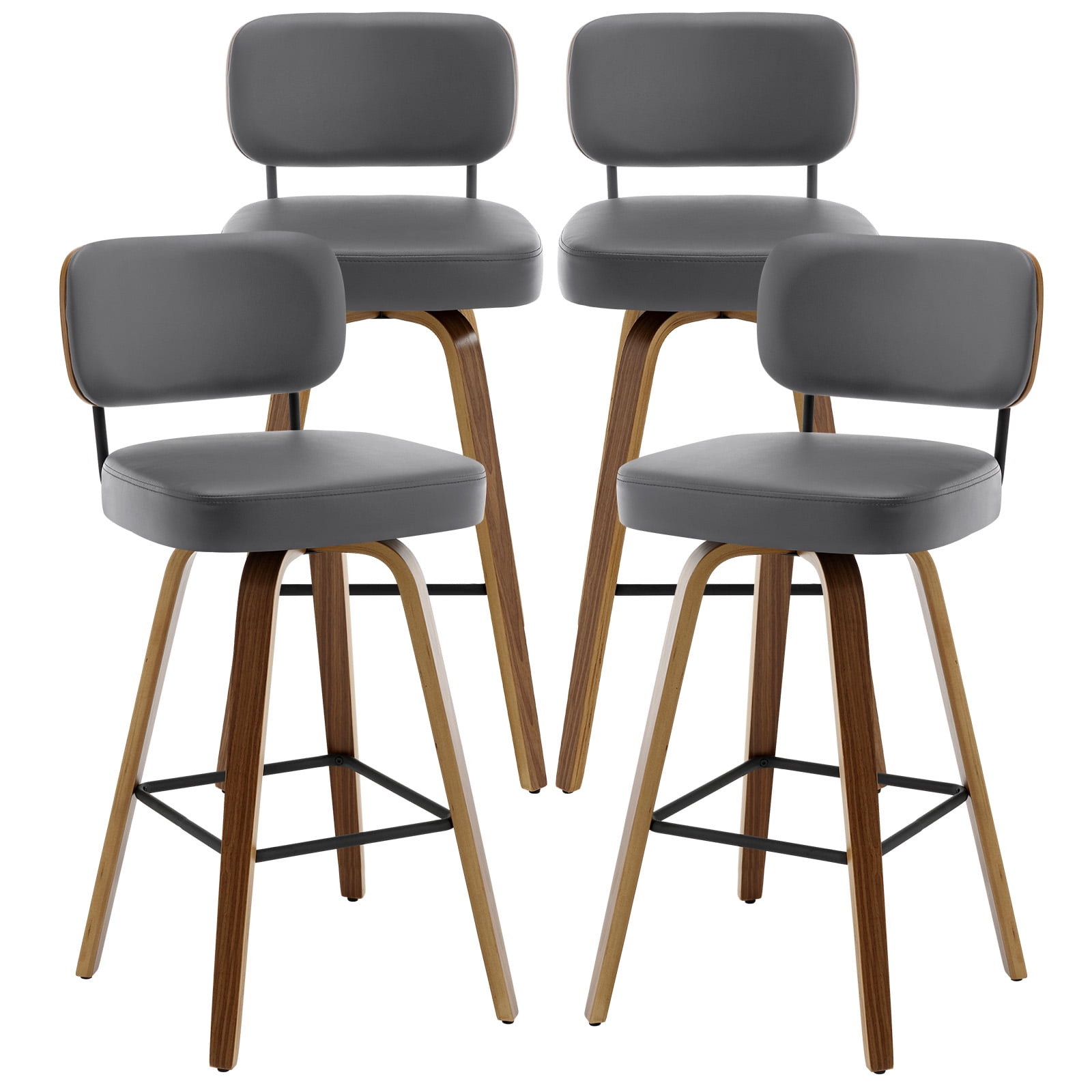 Swivel Counter Height Bar Stools, Set of 4, 29" Upholstered PU Leather Barstools with Back Wood Legs, Mid Century Modern Bar Chair Island Stool for Kitchen Counter, Gray