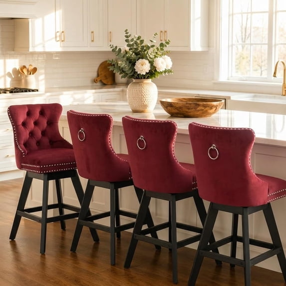 Swivel Counter Height Bar Stools Set of 4, Modern Bar Stools for Kitchen Island, Red Barstools with Backs, Sillas para Barra de Cocina, Velvet Island Chairs with Wood Legs (Burgundy, 4Pcs)