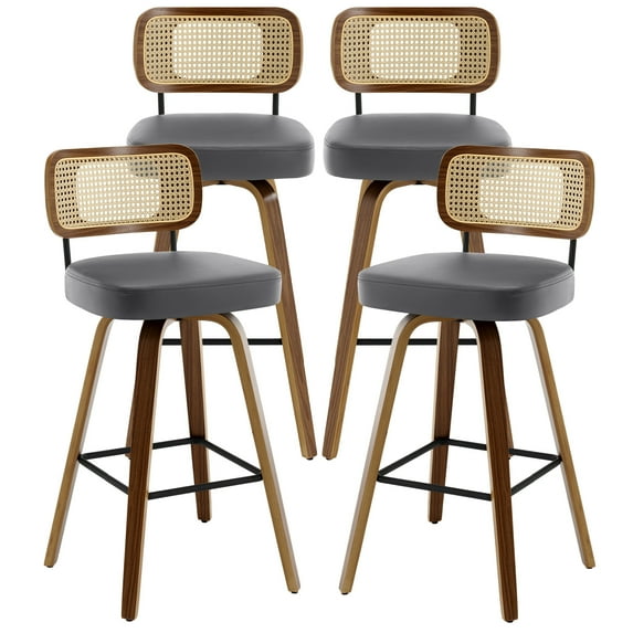 Swivel Counter Height Bar Stools, Set of 1, 29" Seat Height Upholstered PU Leather Barstools with Rattan Back Wood Legs for Home Kitchen Island, Gray