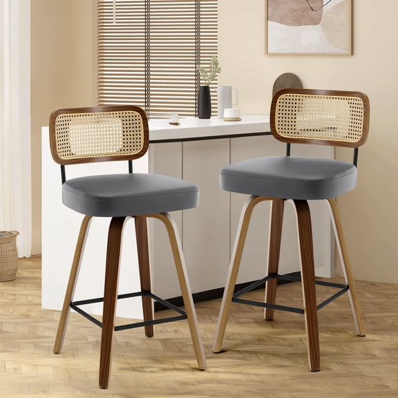 Swivel Counter Height Bar Stools, Set of 2, 26" Seat Height Upholstered PU Leather Barstools with Rattan Back Wood Legs for Home Kitchen Island, Gray