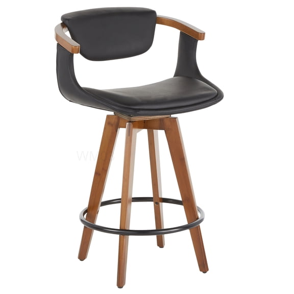 Swivel Counter Stool, Black Faux Leather Seat with Walnut Bamboo Frame, Mid-Century Style for Kitchen Bar