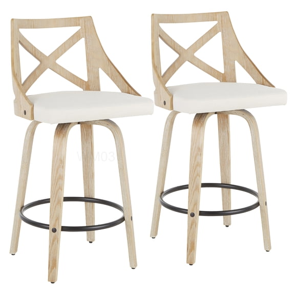 Swivel Counter Stool Set of 2, Cream Fabric and White Washed Wood, Farmhouse Style for Kitchen Island