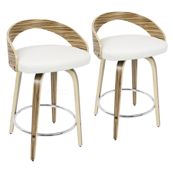 Swivel Counter Stool Set of 2 in White Faux Leather, Mid-Century Modern Style with Low Back and Chrome Accents for Home Bar