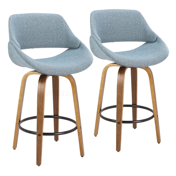 Swivel Counter Stools Set of 2, Blue Upholstered Seat with Walnut Wood Legs for Kitchen Island