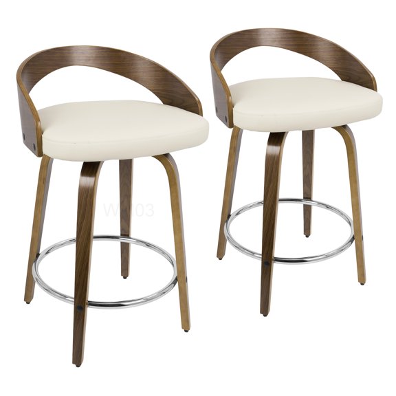 Swivel Counter Stools Set of 2, Cream Faux Leather Seats and Walnut Finish, Mid-Century Style