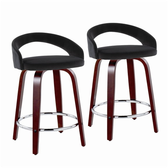 Swivel Counter Stools Set of 2 - Velvet Upholstered Seat, Mahogany Finish, Chrome Foot Ring