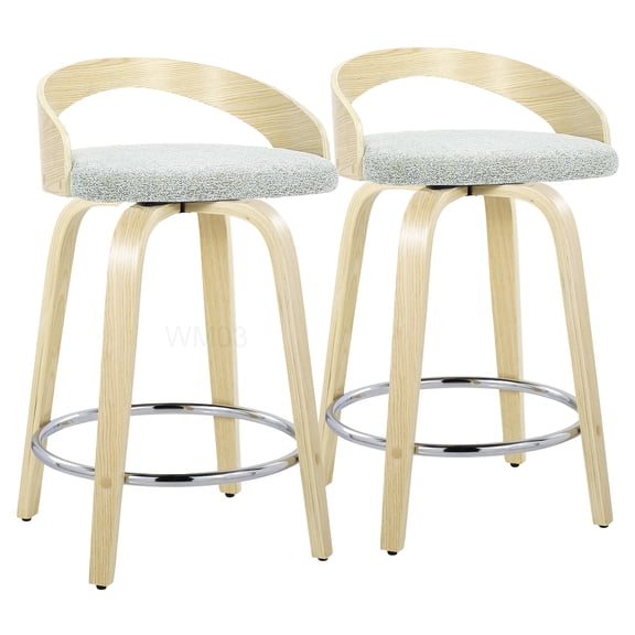 Swivel Counter Stools Set of 2 with Low Back, Light Green Fabric and Natural Wood Legs, Chrome Footrest