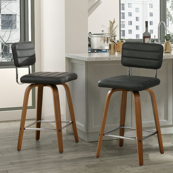 Swivel Counter Stools Wood Bar Stool with Back Leather Barstools Bar Height Set of 2, 26” Grey