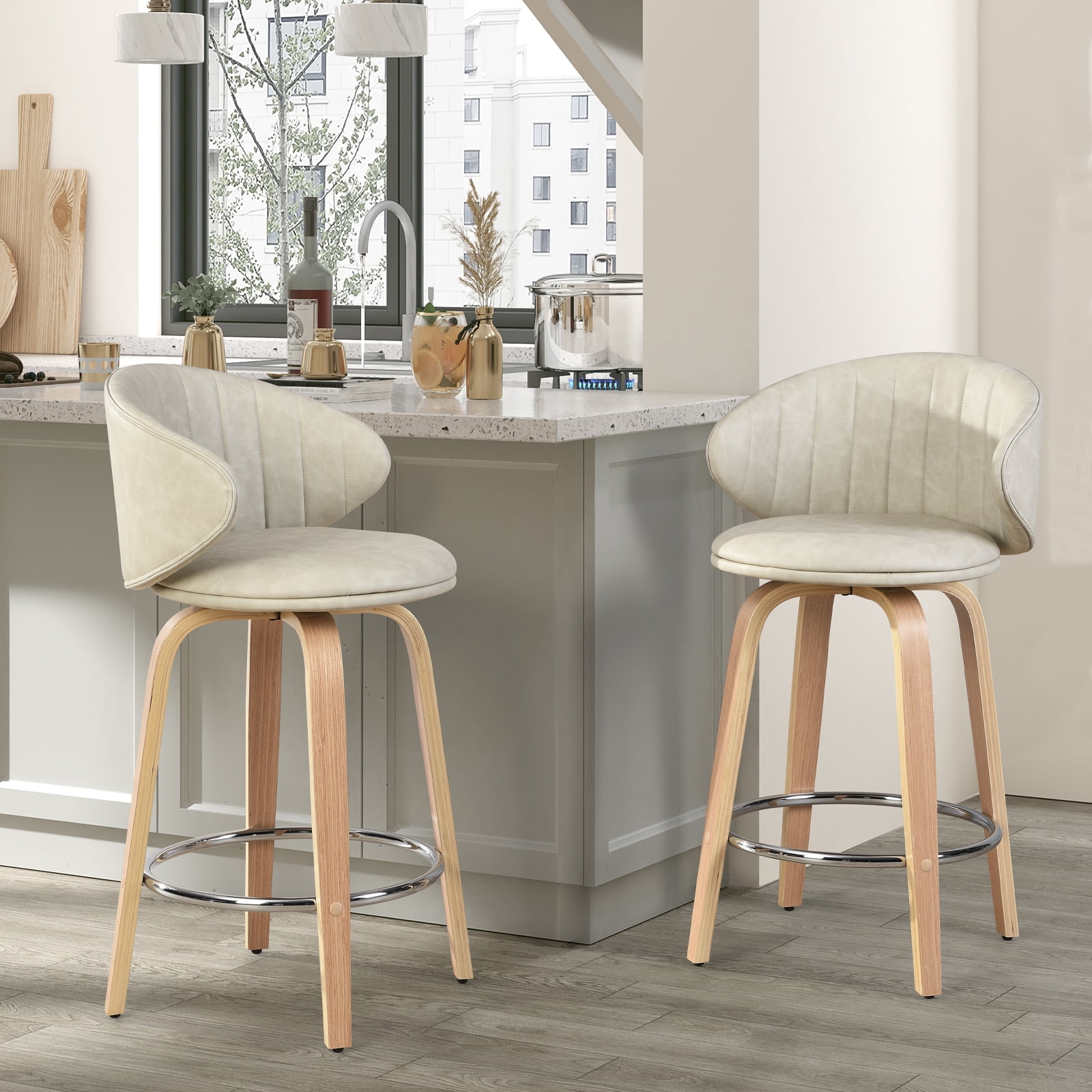 Swivel Counter Stools Wood Bar Stools Set of 2 Faux Leather Barstools with Back Boho Bar Stools ...