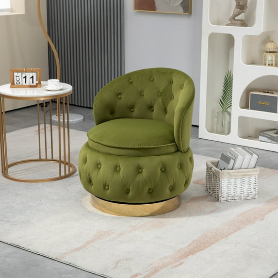Swivel Cuddle Barrel Accent Storage Chairs, Modern Round Armchairs with Wide Upholstered, 360 Degree Fluffy Velvet Fabric Modern Accent Chair with Golden Round Base for Living Room Bedroom, Olive