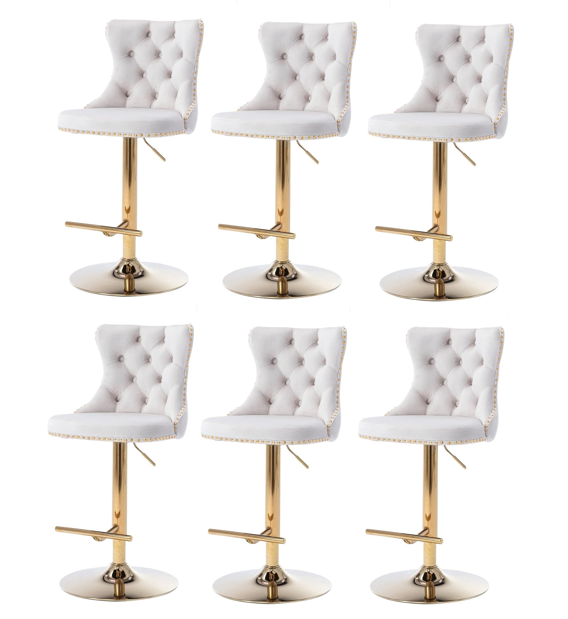 Swivel Dining Bar Chairs with Gold Metal Base Velvet Upholstered Bar Stools with Button Tufted Back Height Adjustment(Beige,Set of 6)