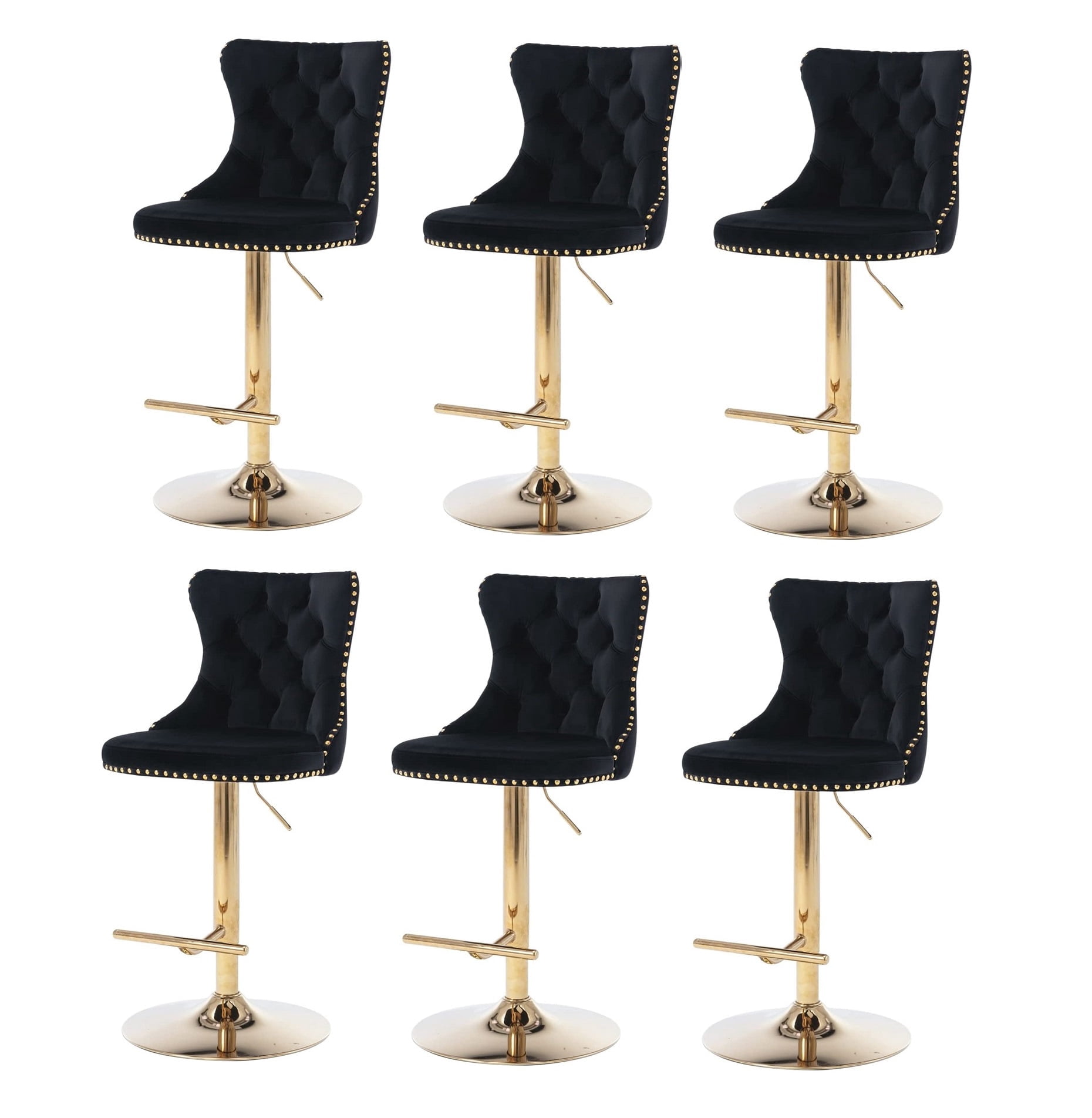 Swivel Dining Bar Chairs with Gold Metal Base Velvet Upholstered Bar Stools with Button Tufted Back Height Adjustment(Black,Set of 6)