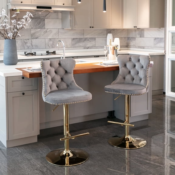 Swivel Dining Bar Chairs with Gold Metal Base Velvet Upholstered Bar Stools with Button Tufted Back Height Adjustment(Gray,Set of 2)