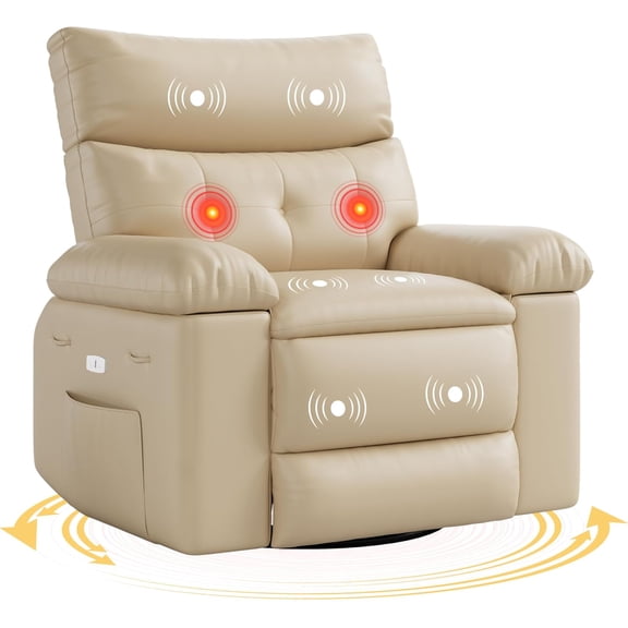 Swivel Electric Massage Chair, Rocking Recliner Chair with Vibration and Heating, Overstuffed Faux Leather Single Lazy Sofa W/USB, Power Glider for Living Room
