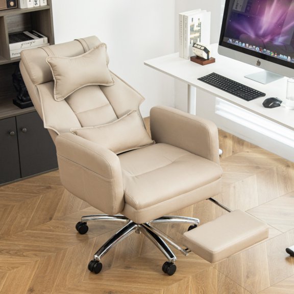 Executive Office Chair, Big and Tall Office Chair with Foot Rest Reclining Leather Chair High Back Lumbar Support Ergonomic Office Chair with Padded Armrests
